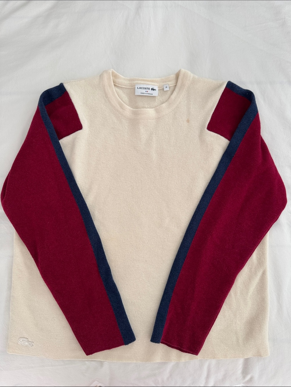 Lacoste Colorblock Crewneck Sweater in Cream, Burgundy & Navy